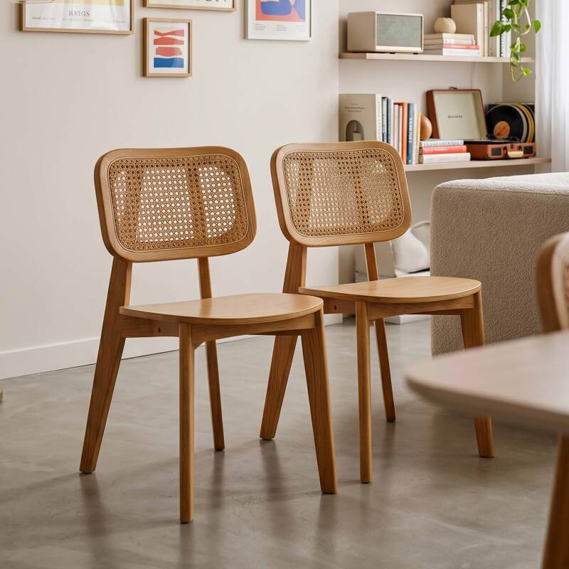 Stühle aus Ulmenholz und natürlichem Rattan mit Rückenlehne im Rohrgeflecht-Stil - 2er-Set