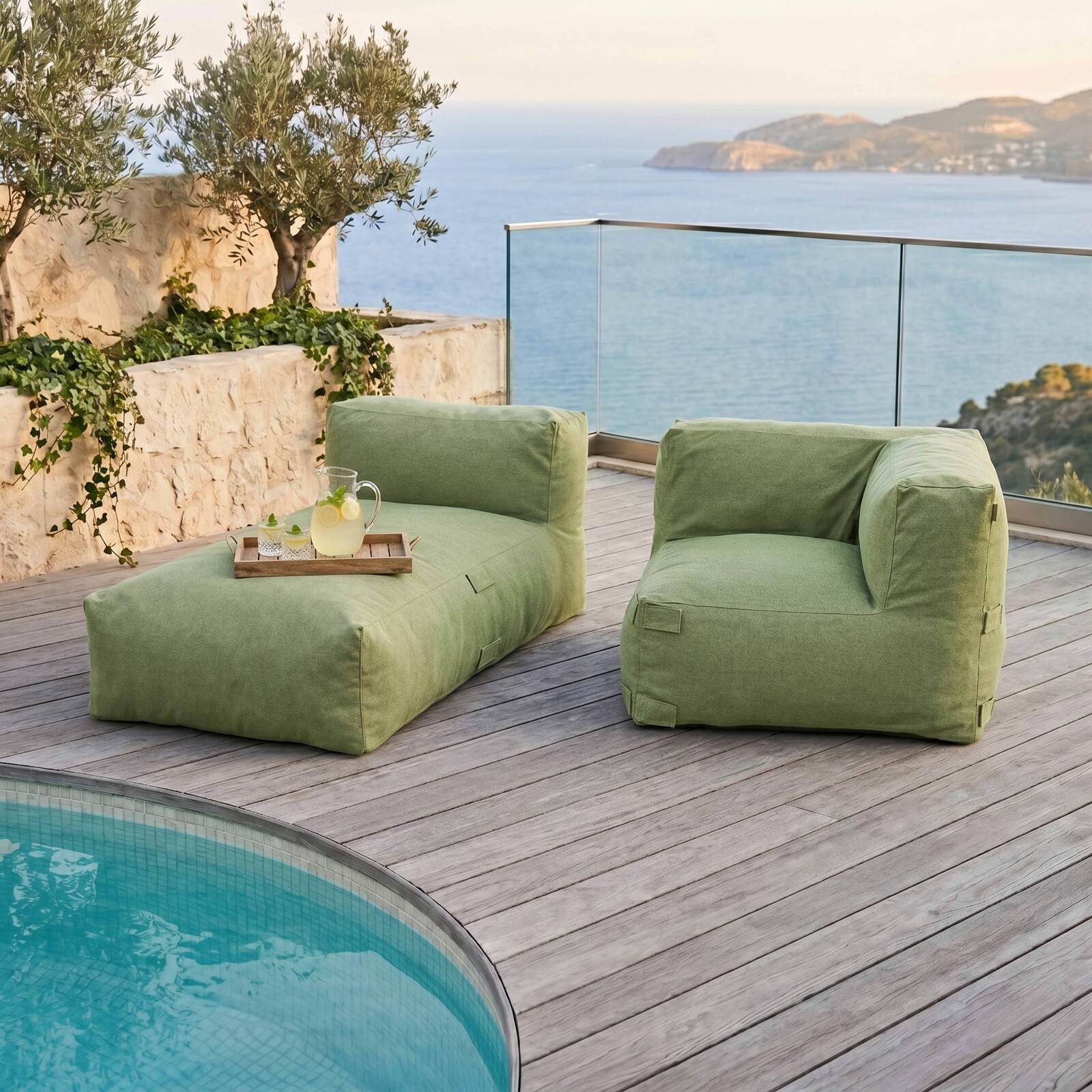 Modulare Gartenmöbel für 2 Personen bestehend aus 1 Ecksessel und 1 Chaiselongue