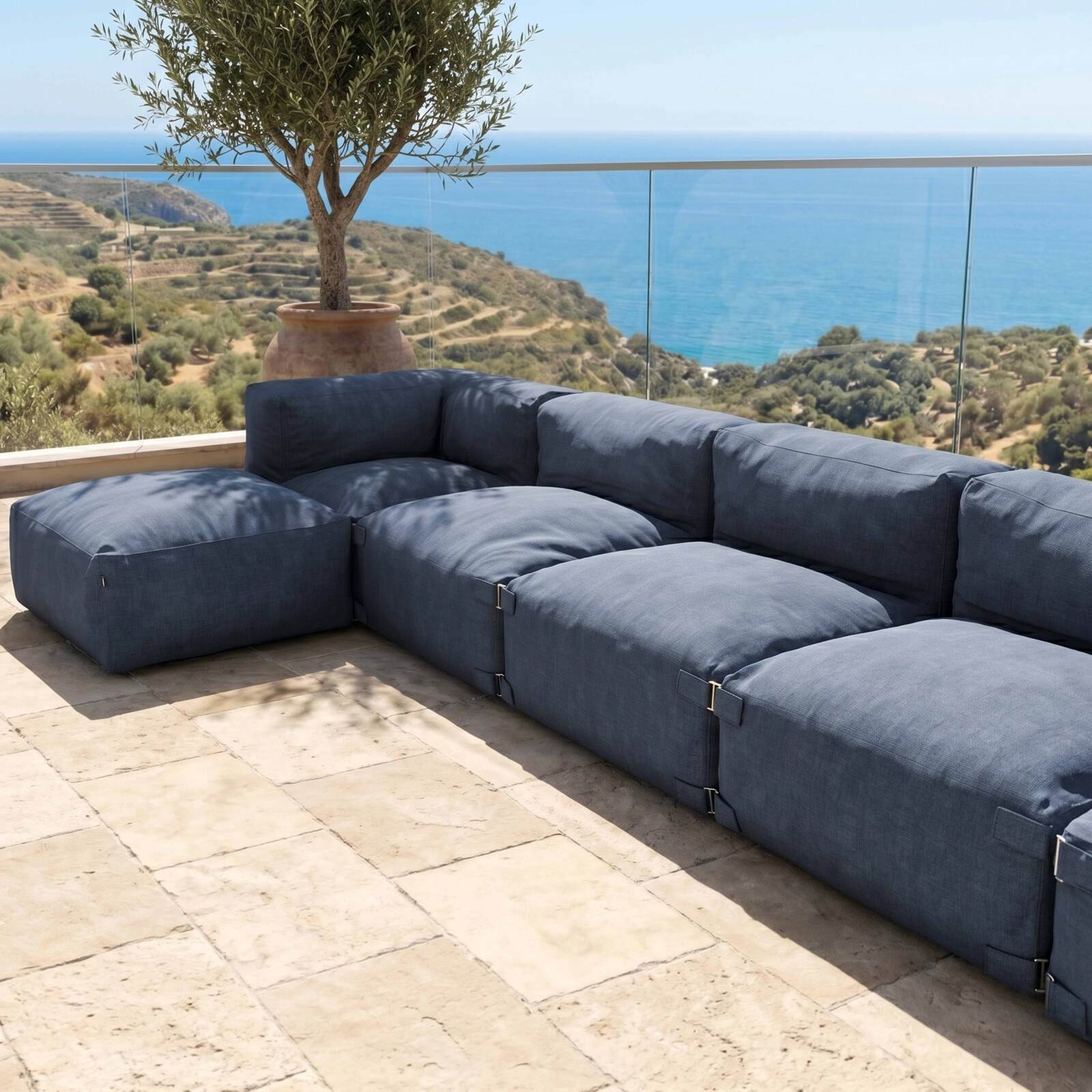 Modulare Gartenmöbel für 6 Personen bestehend aus 3 Sesseln, 2 Ecksesseln und 1 Sitzsack