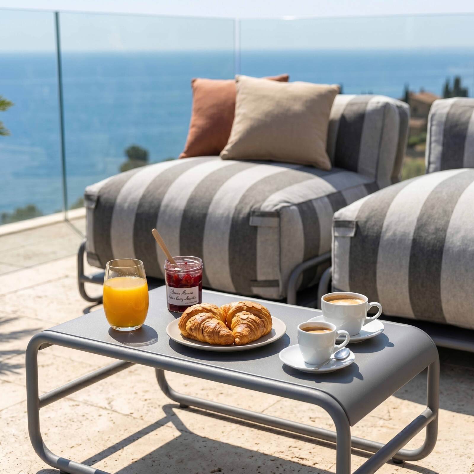 Modulare Gartenmöbel, gestreift für 4 Personen mit Gestell, 3 Sesseln, 1 Pouf und Couchtisch