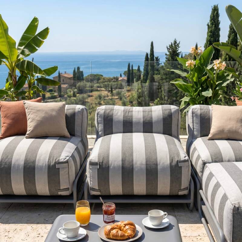 Modulare Gartenmöbel, gestreift für 4 Personen mit Gestell, 3 Sesseln, 1 Pouf und Couchtisch (2/7)
