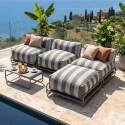 Modulare Gartenmöbel, gestreift für 4 Personen mit Gestell, 3 Sesseln, 1 Pouf und Couchtisch