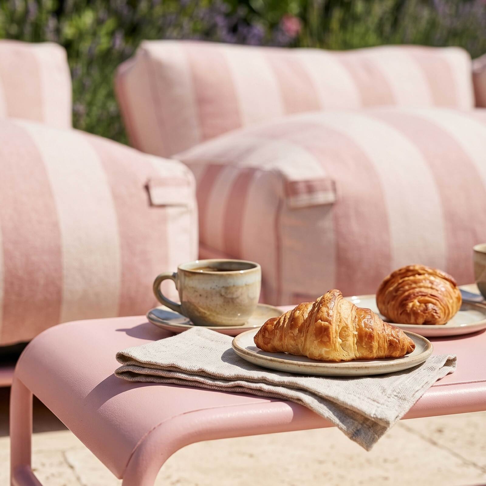 Modulare Gartenmöbel, gestreift für 4 Personen mit Gestell, 3 Sesseln, 1 Pouf und Couchtisch