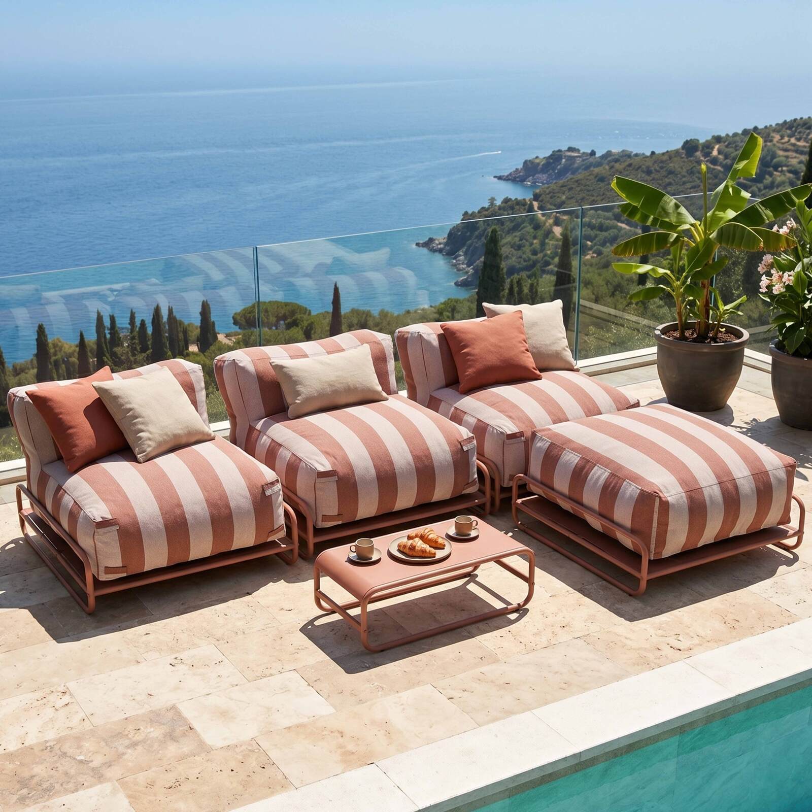 Modulare Gartenmöbel, gestreift für 4 Personen mit Gestell, 3 Sesseln, 1 Pouf und Couchtisch
