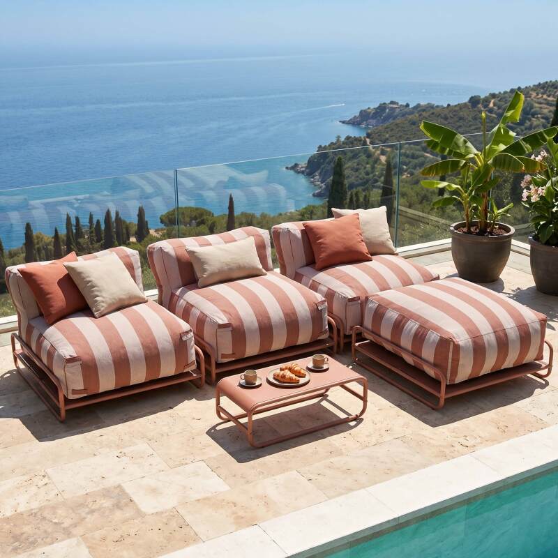 Modulare Gartenmöbel, gestreift für 4 Personen mit Gestell, 3 Sesseln, 1 Pouf und Couchtisch