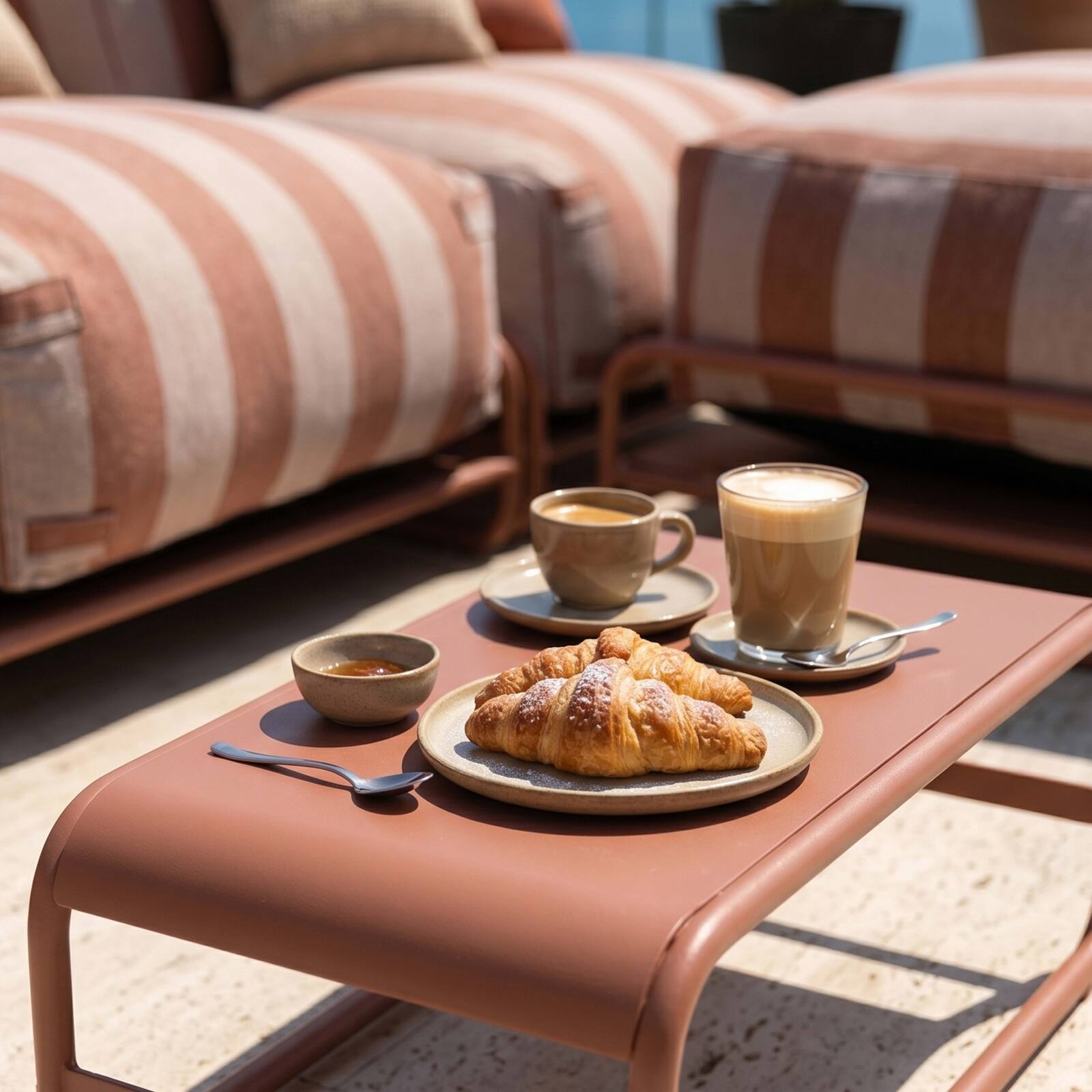 Modulare Gartenmöbel, gestreift für 4 Personen mit Gestell, 3 Sesseln, 1 Pouf und Couchtisch