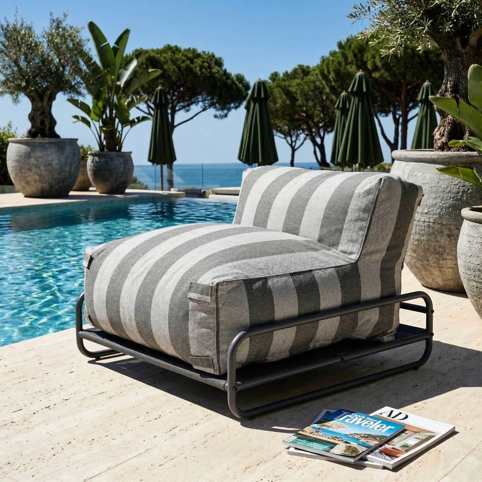 Modulare Gartenmöbel, gestreift für 4 Personen mit Gestell, 3 Sesseln, 1 Pouf und Couchtisch