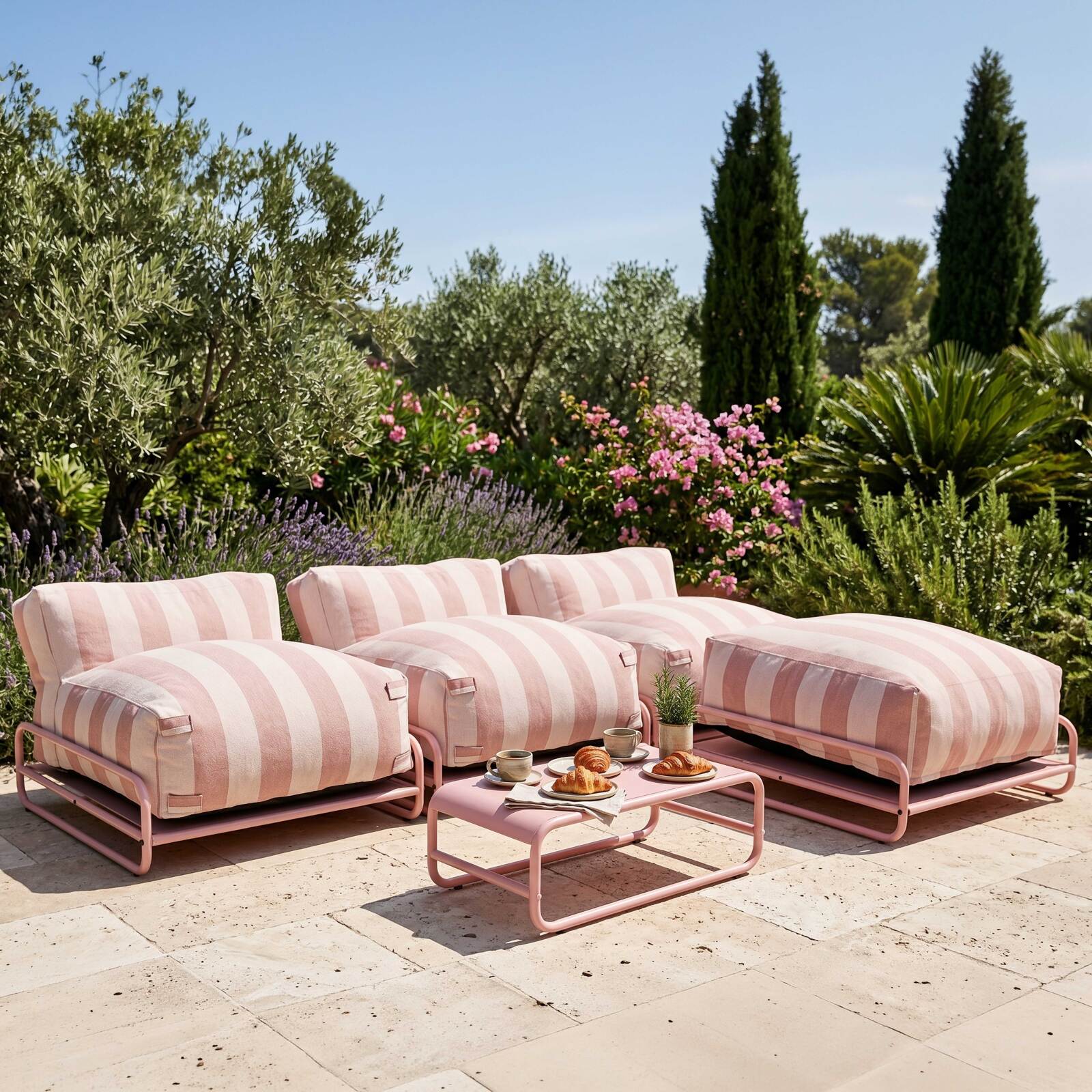 Modulare Gartenmöbel, gestreift für 4 Personen mit Gestell, 3 Sesseln, 1 Pouf und Couchtisch