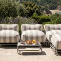 Modulare Gartenmöbel, gestreift für 4 Personen mit Gestell, 3 Sesseln, 1 Pouf und Couchtisch