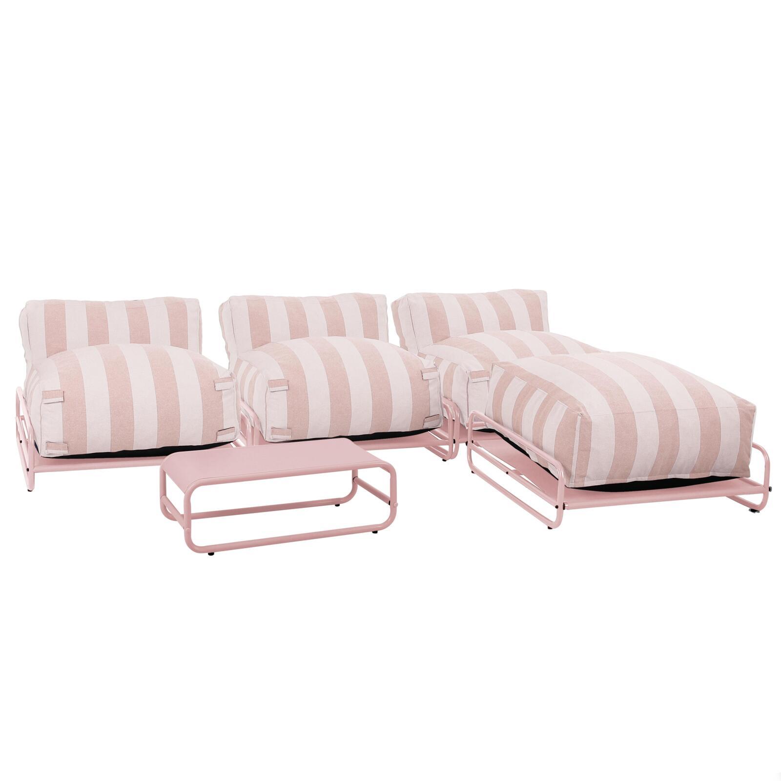 Modulare Gartenmöbel, gestreift für 4 Personen mit Gestell, 3 Sesseln, 1 Pouf und Couchtisch