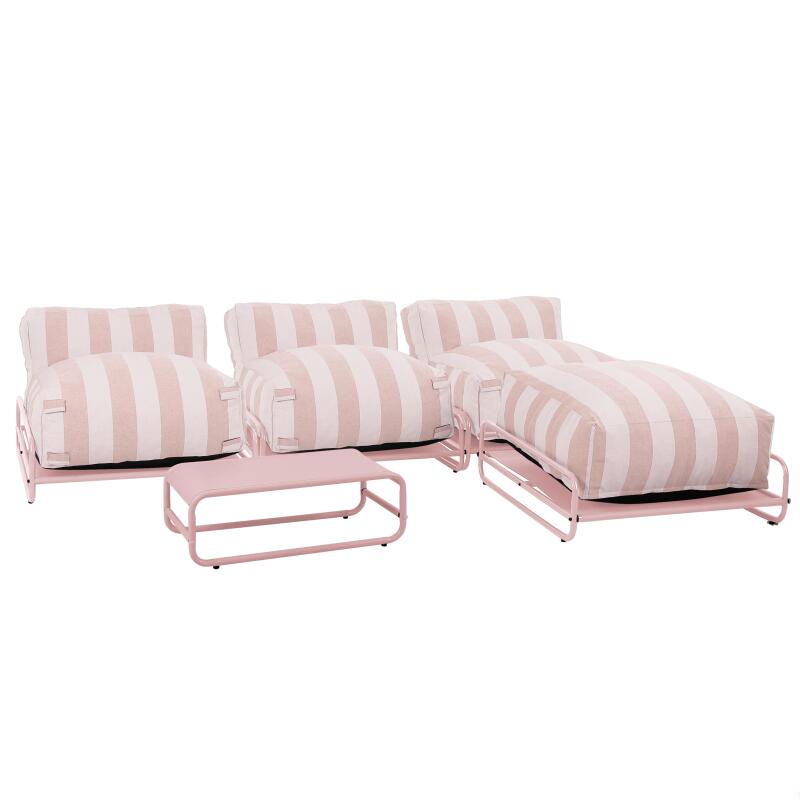 Modulare Gartenmöbel, gestreift für 4 Personen mit Gestell, 3 Sesseln, 1 Pouf und Couchtisch