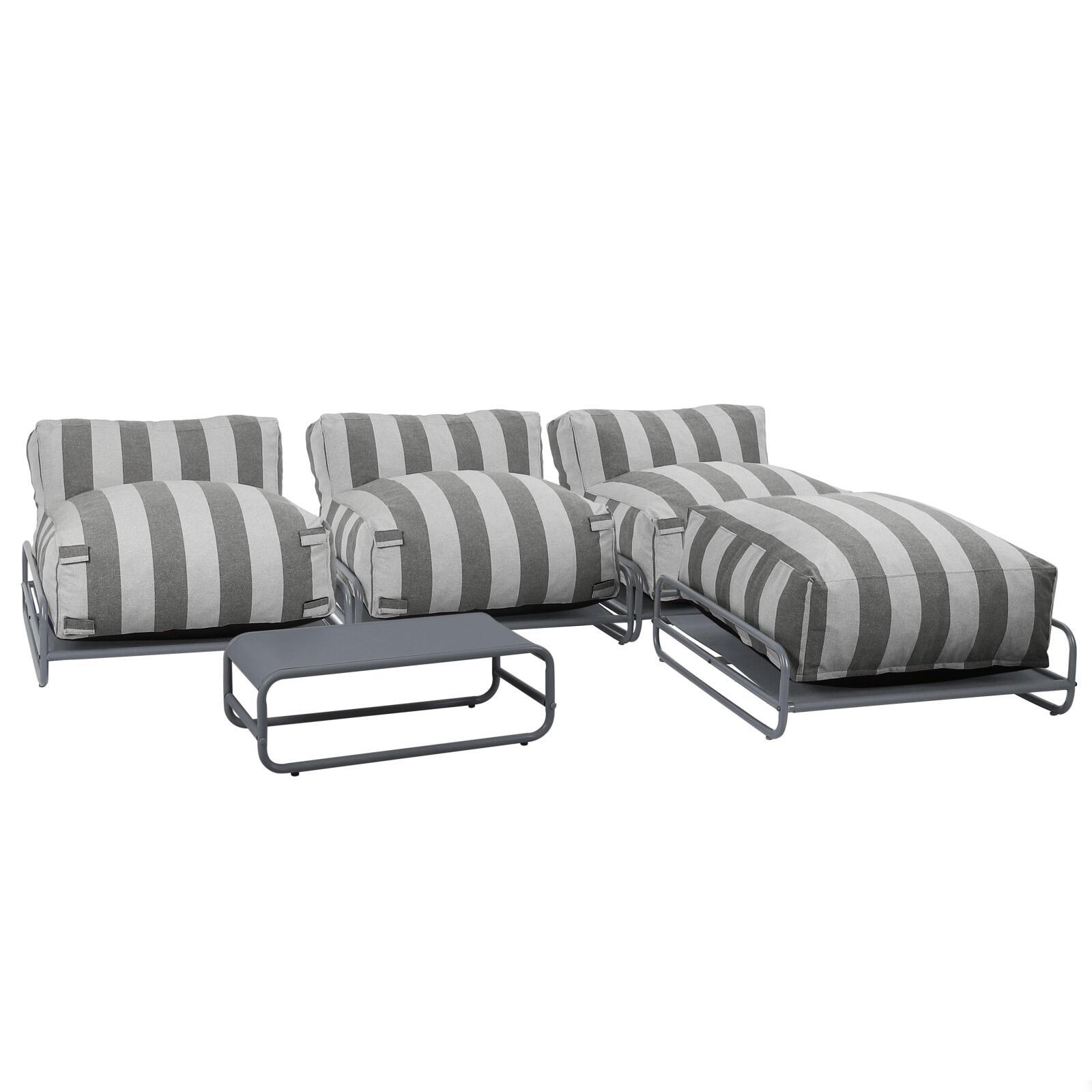 Modulare Gartenmöbel, gestreift für 4 Personen mit Gestell, 3 Sesseln, 1 Pouf und Couchtisch