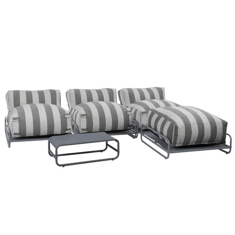 Modulare Gartenmöbel, gestreift für 4 Personen mit Gestell, 3 Sesseln, 1 Pouf und Couchtisch