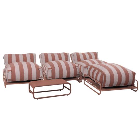 Modulare Gartenmöbel, gestreift für 4 Personen mit Gestell, 3 Sesseln, 1 Pouf und Couchtisch | Oviala