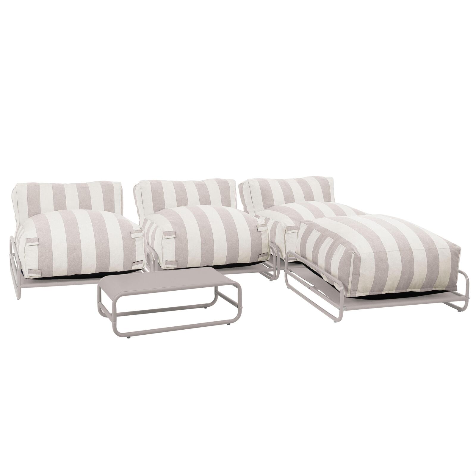 Modulare Gartenmöbel, gestreift für 4 Personen mit Gestell, 3 Sesseln, 1 Pouf und Couchtisch