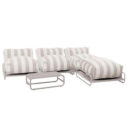 Modulare Gartenmöbel, gestreift für 4 Personen mit Gestell, 3 Sesseln, 1 Pouf und Couchtisch