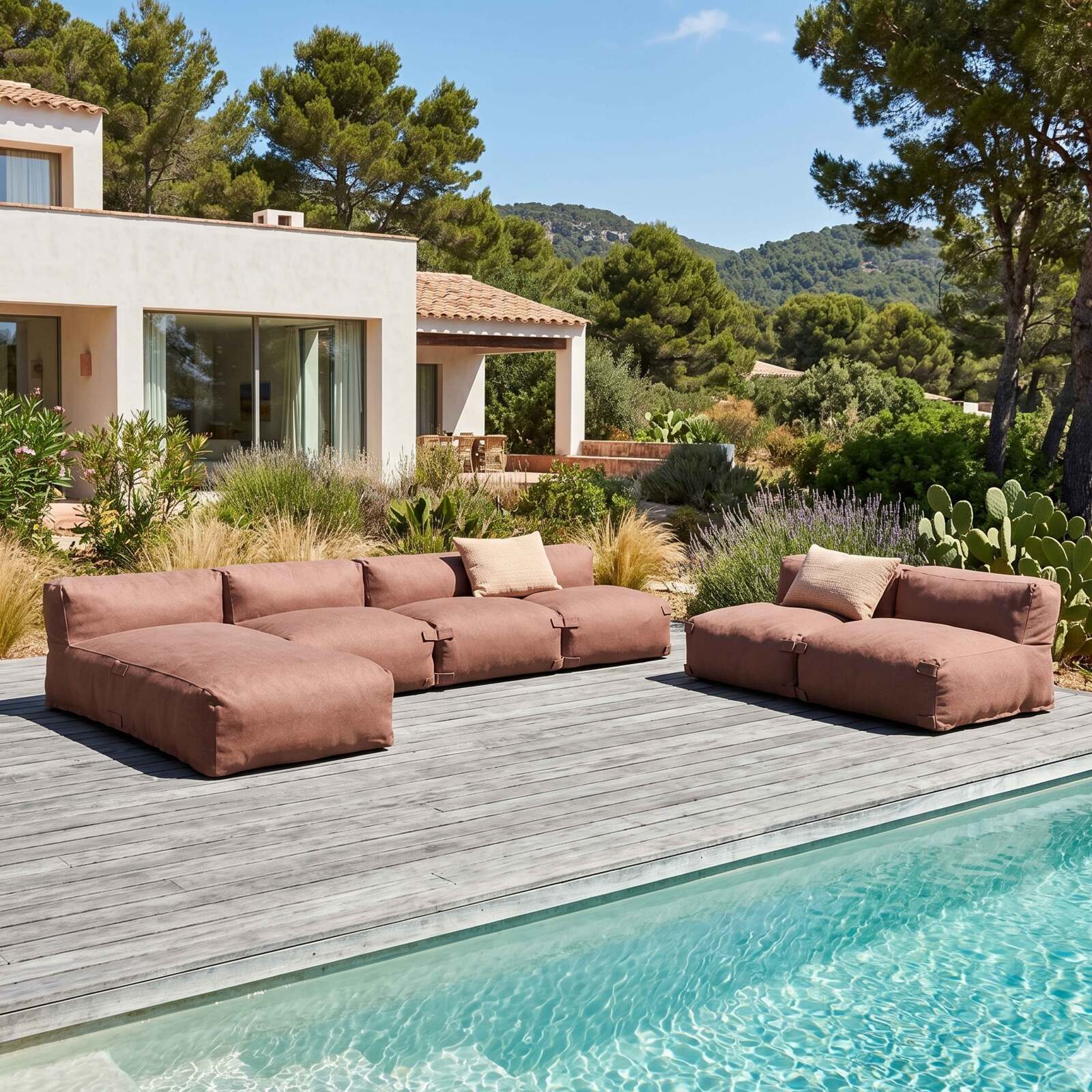 Modulare Gartenmöbel für 6 Personen bestehend aus 5 Sesseln und 1 Chaiselongue
