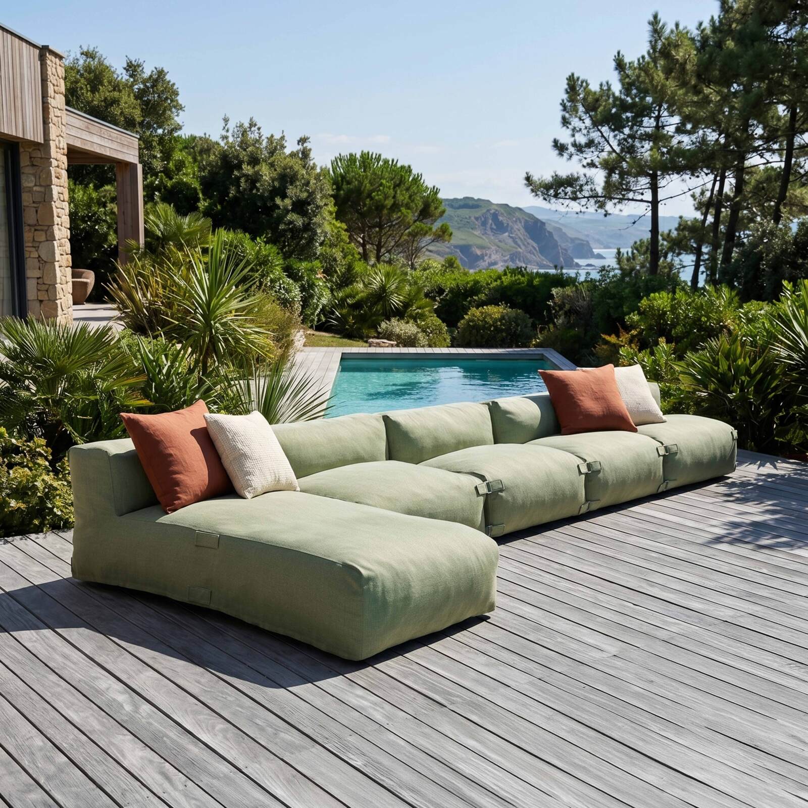 Modulare Gartenmöbel für 5 Personen bestehend aus 4 Sesseln und 1 Chaiselongue