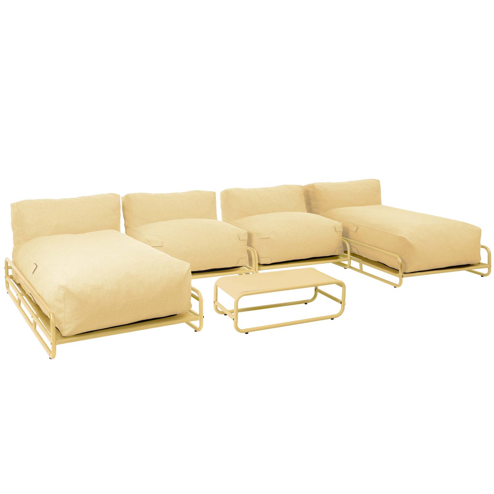 Modulare Gartenmöbel für 4 Personen mit Gestell, bestehend aus 2 Chaiselongues, 2 Sesseln und Couchtisch