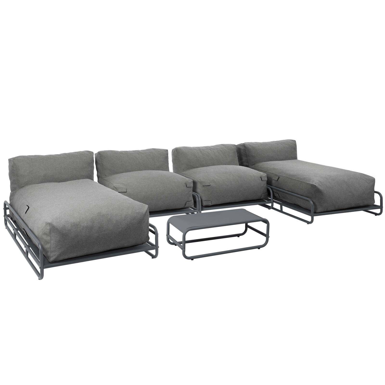 Modulare Gartenmöbel für 4 Personen mit Gestell, bestehend aus 2 Chaiselongues, 2 Sesseln und Couchtisch