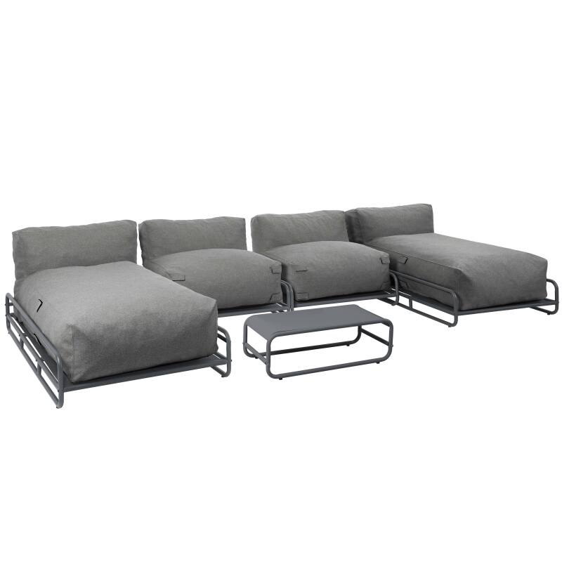 Modulare Gartenmöbel für 4 Personen mit Gestell, bestehend aus 2 Chaiselongues, 2 Sesseln und Couchtisch