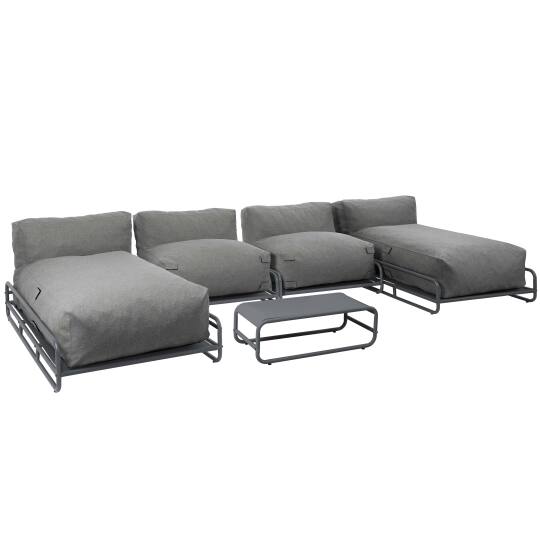 Modulare Gartenmöbel für 4 Personen mit Gestell, bestehend aus 2 Chaiselongues, 2 Sesseln und Couchtisch | Oviala