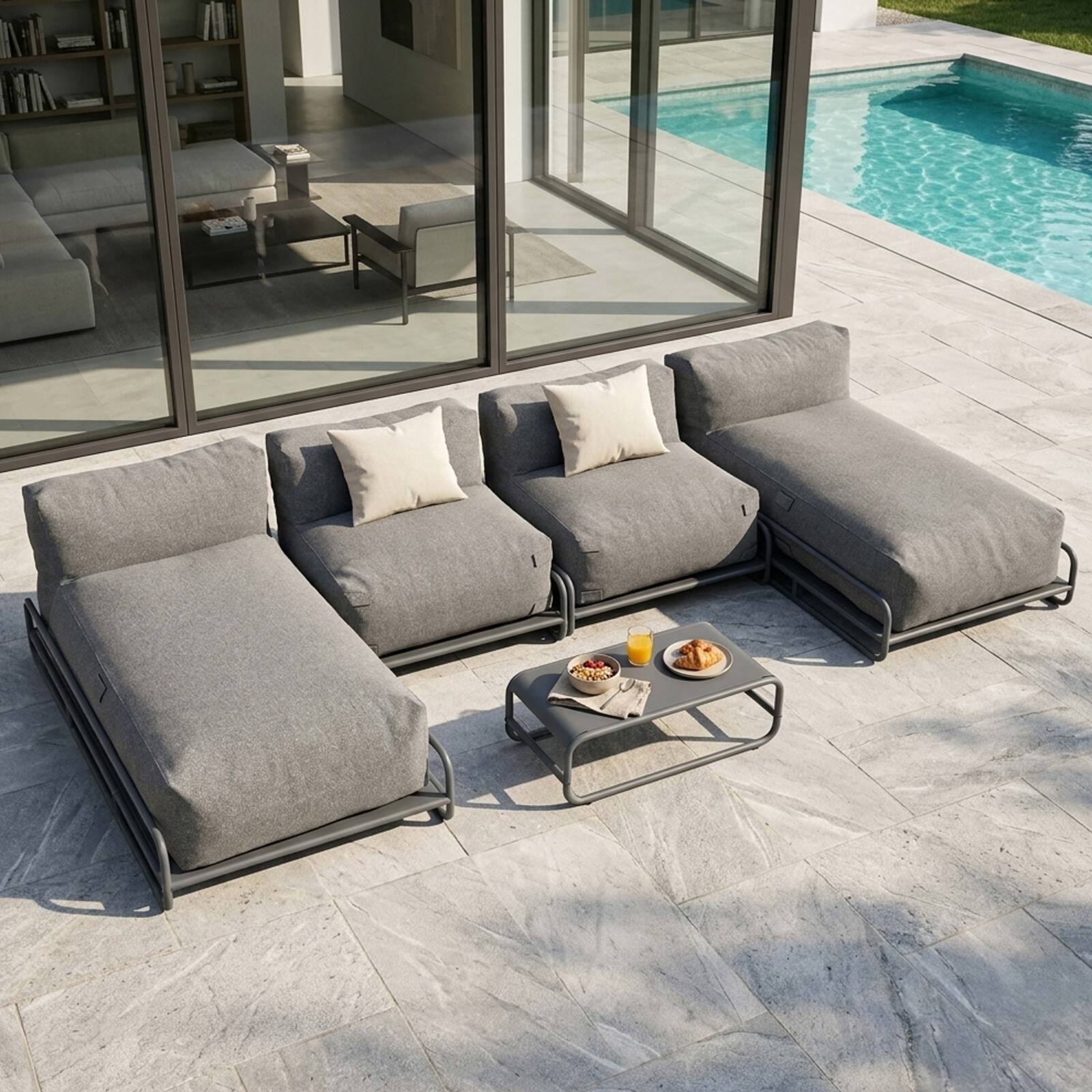 Modulare Gartenmöbel für 4 Personen mit Gestell, bestehend aus 2 Chaiselongues, 2 Sesseln und Couchtisch