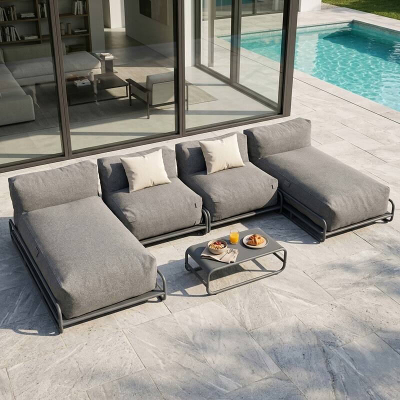 Modulare Gartenmöbel für 4 Personen mit Gestell, bestehend aus 2 Chaiselongues, 2 Sesseln und Couchtisch