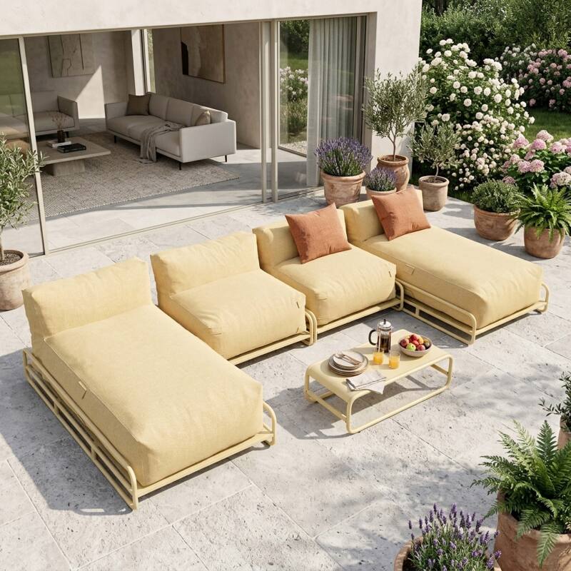 Modulare Gartenmöbel für 4 Personen mit Gestell, bestehend aus 2 Chaiselongues, 2 Sesseln und Couchtisch