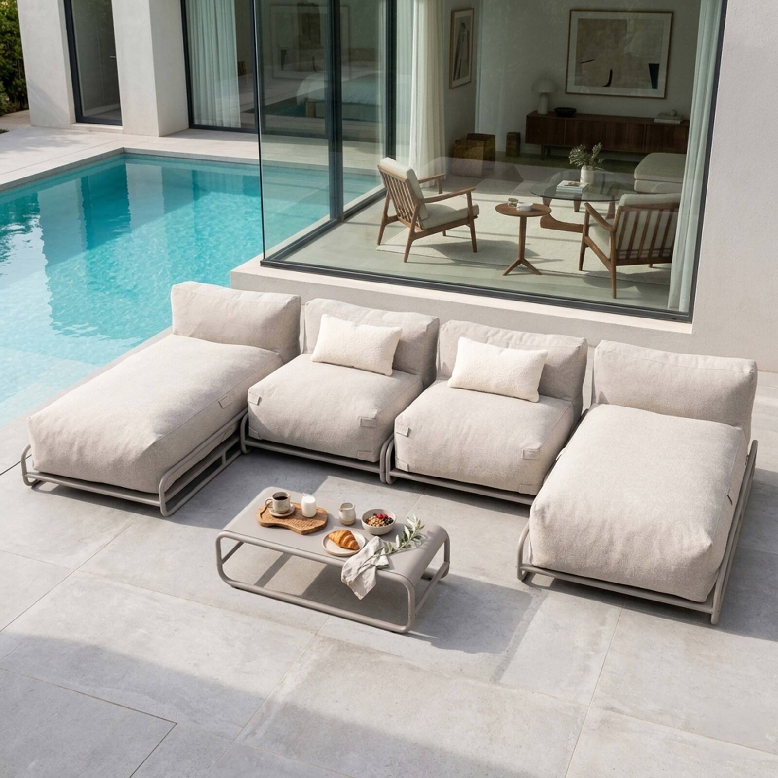 Modulare Gartenmöbel für 4 Personen mit Gestell, bestehend aus 2 Chaiselongues, 2 Sesseln und Couchtisch