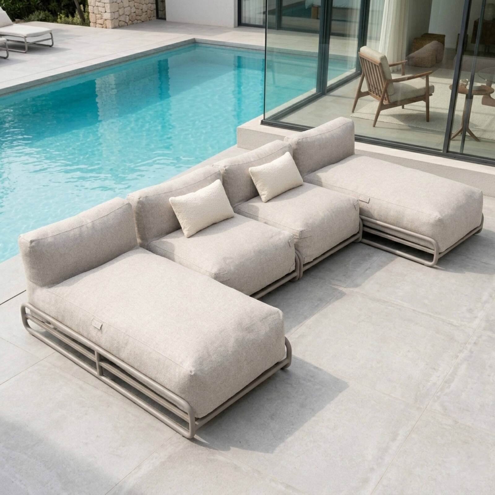 Modulare Gartenmöbel für 4 Personen mit Gestell, bestehend aus 2 Chaiselongues, 2 Sesseln und Couchtisch