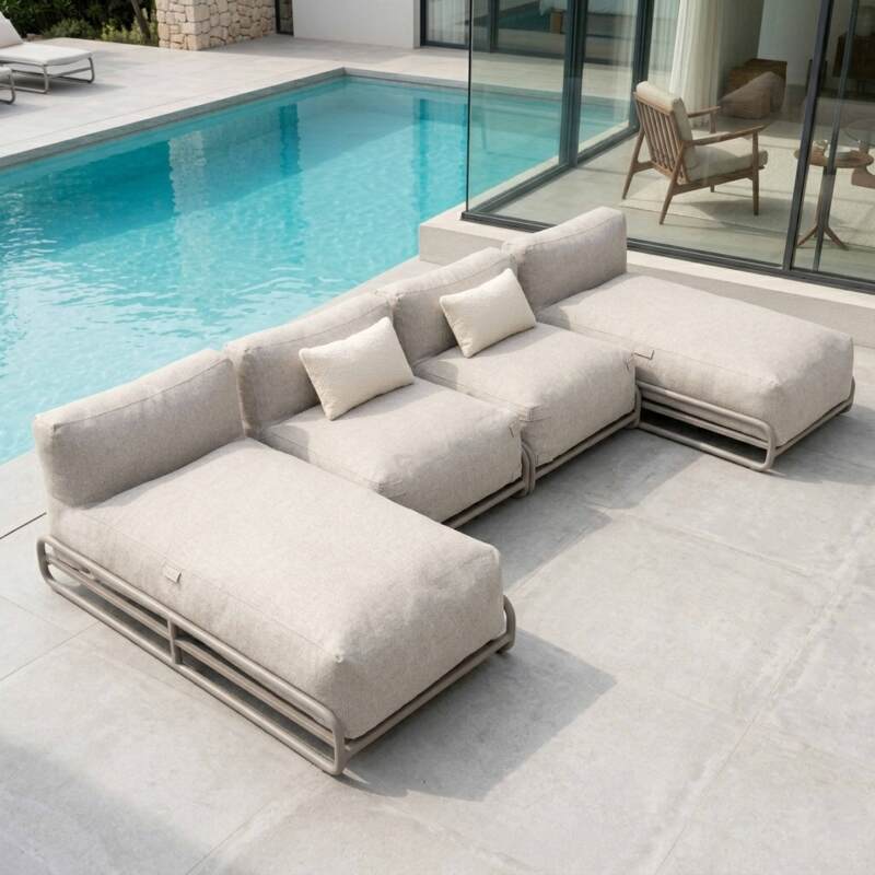 Modulare Gartenmöbel für 4 Personen mit Gestell, bestehend aus 2 Chaiselongues, 2 Sesseln und Couchtisch (3/7)