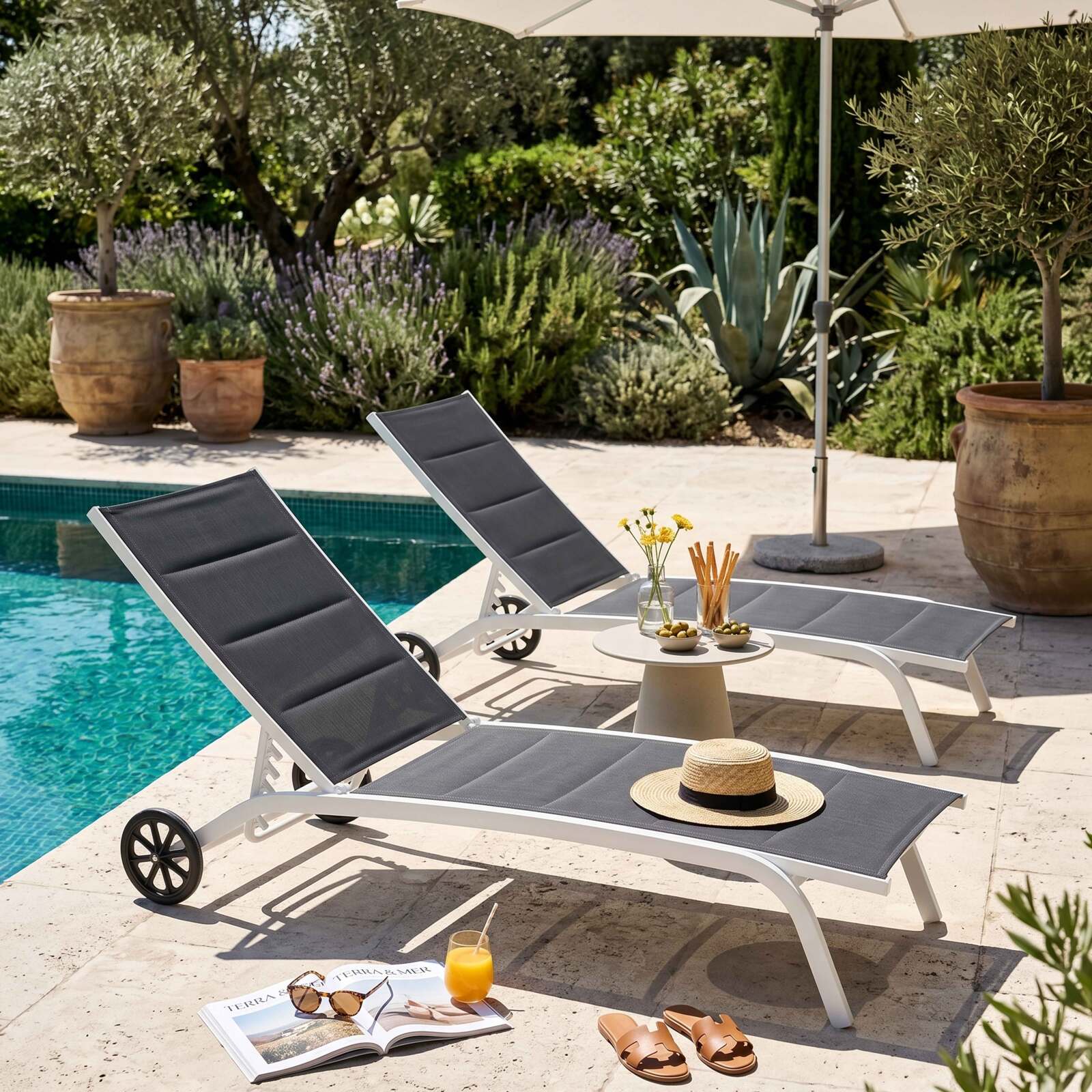 Sonnenliegen aus Aluminium und Textilene 4-fach verstellbar mit Rollen - 2er-Set