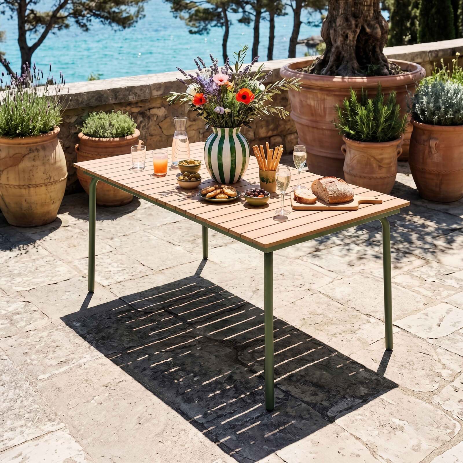 Gartentisch Holzoptik aus Metall und Polywood, 6 Personen, 160x90 cm