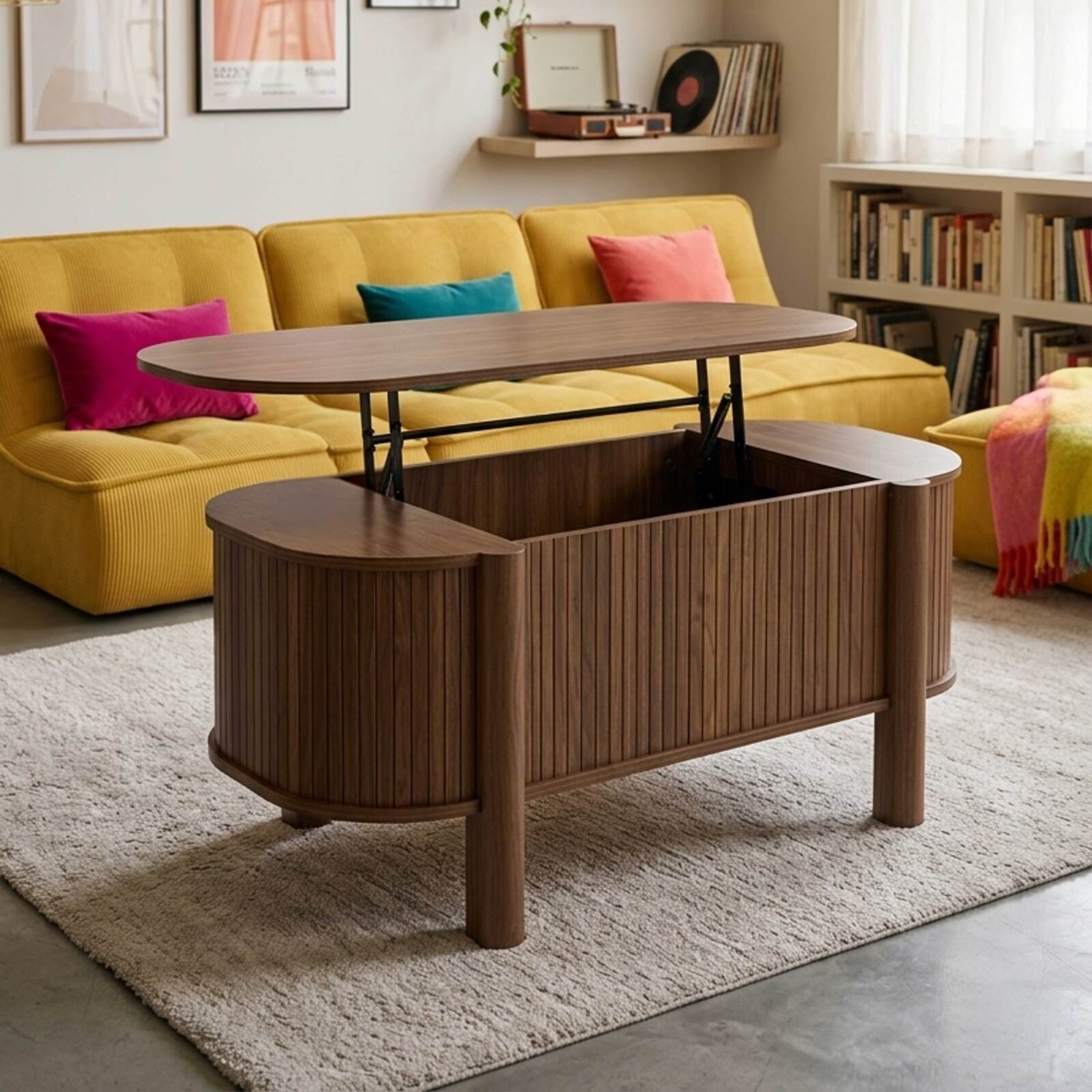 Couchtisch oval, höhenverstellbar, in Holzoptik, 100x48 cm