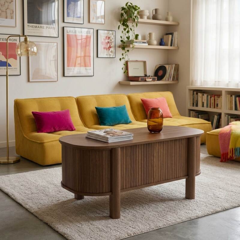 Couchtisch oval, höhenverstellbar, in Holzoptik, 100x48 cm