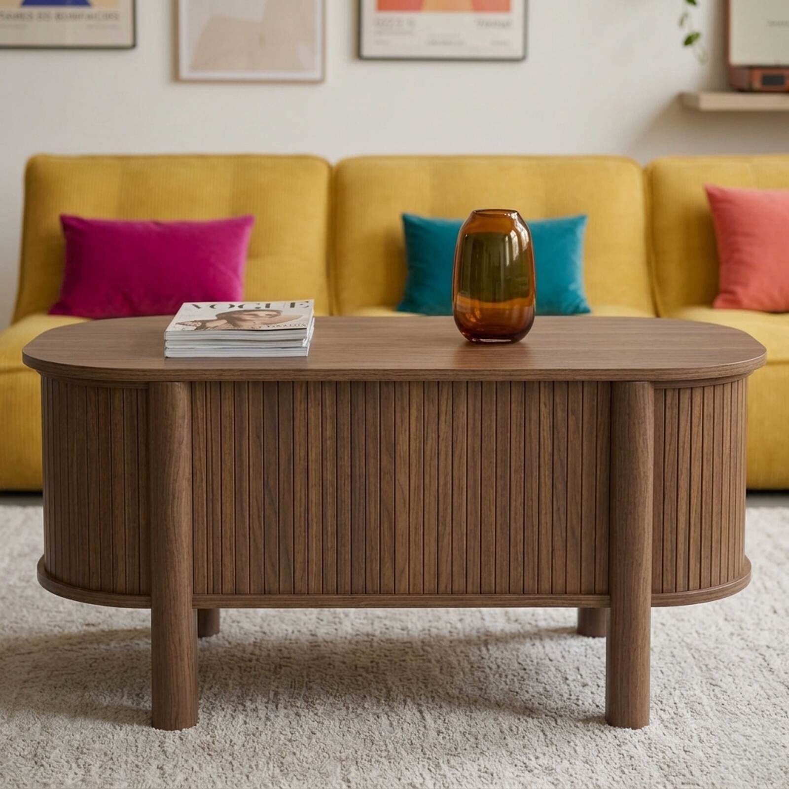 Couchtisch oval, höhenverstellbar, in Holzoptik, 100x48 cm