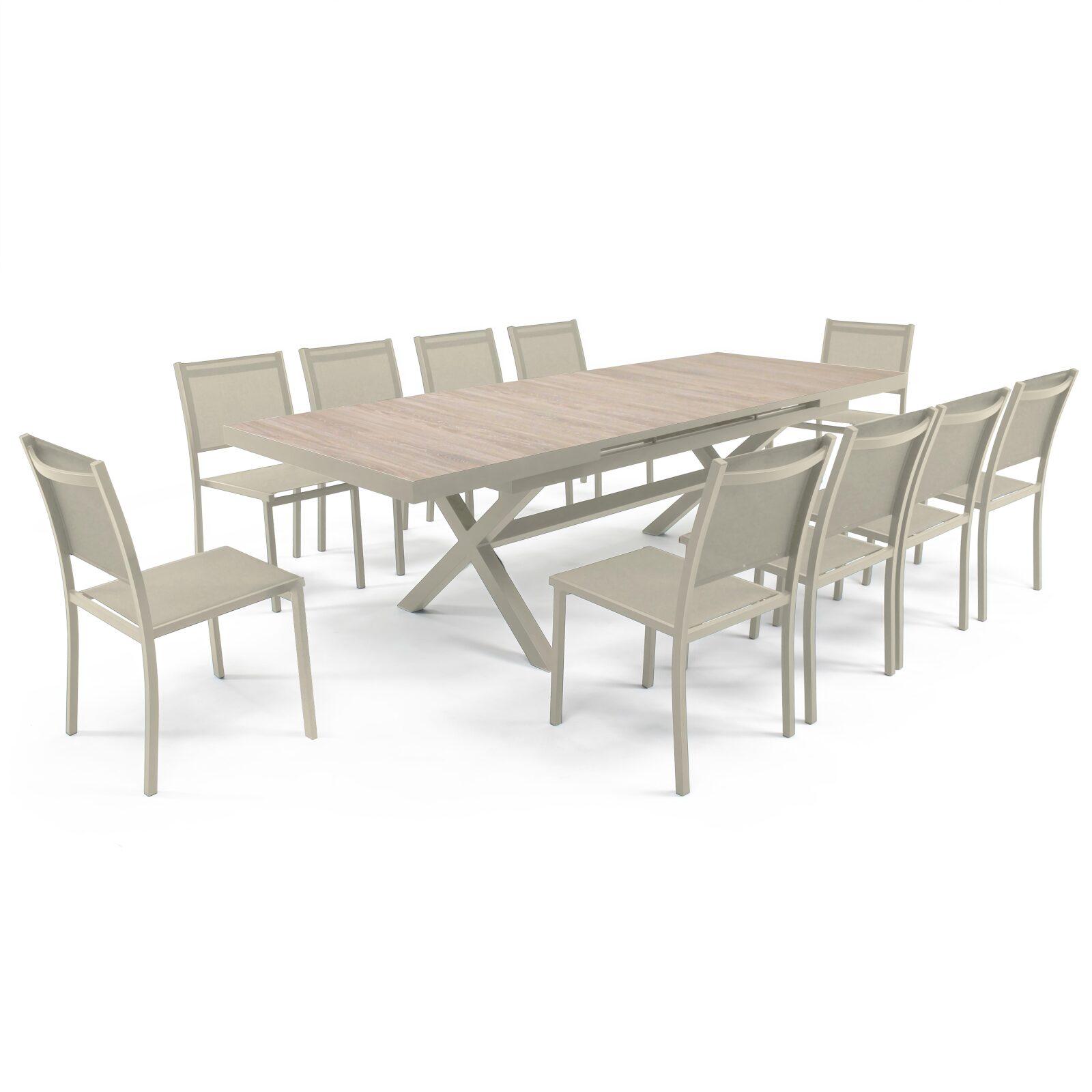 Gartentisch aus Aluminium und Keramik mit Holzoptik, 201 x 100 cm, und 10 Stühle aus Textilene stapelbar