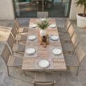 Gartentisch aus Aluminium und Keramik mit Holzoptik, 201 x 100 cm, und 10 Stühle aus Textilene stapelbar