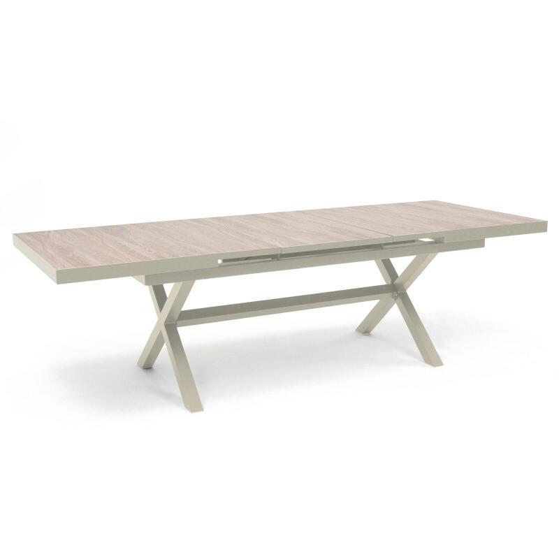 Gartentisch aus Aluminium und Keramik mit Holzoptik, 201 x 100 cm, und 10 Stühle aus Textilene stapelbar (4/7)