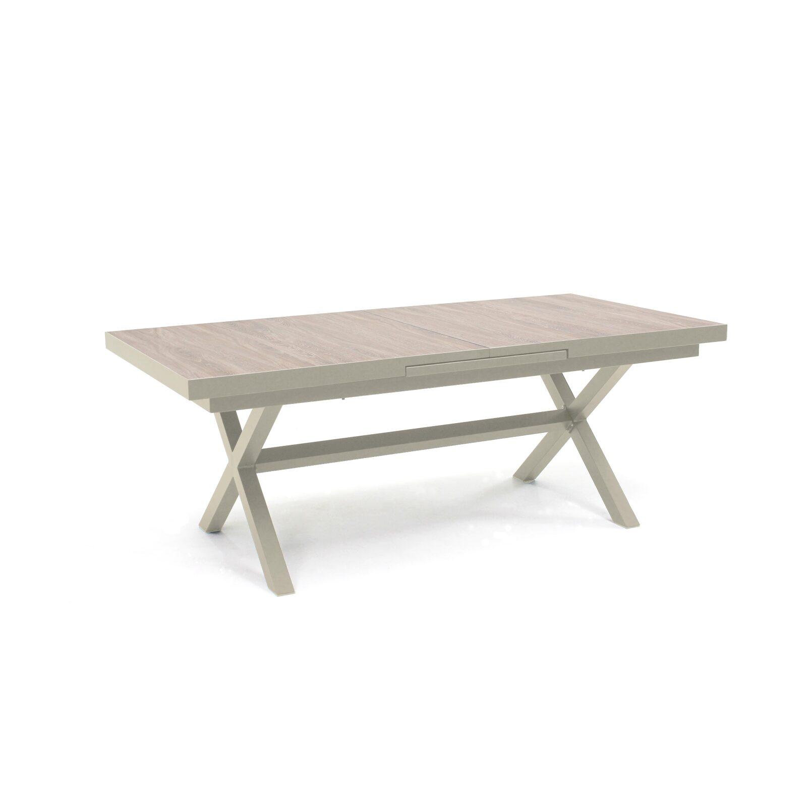 Gartentisch aus Aluminium und Keramik mit Holzoptik, 201 x 100 cm, und 10 Stühle aus Textilene stapelbar