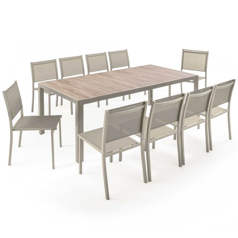 Gartentisch aus Aluminium und Keramik mit Holzoptik, 206x100 cm, und 10 Stühle aus Textilen