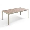 Gartentisch aus Aluminium und Keramik mit Holzoptik, 206x100 cm, und 10 Stühle aus Textilen