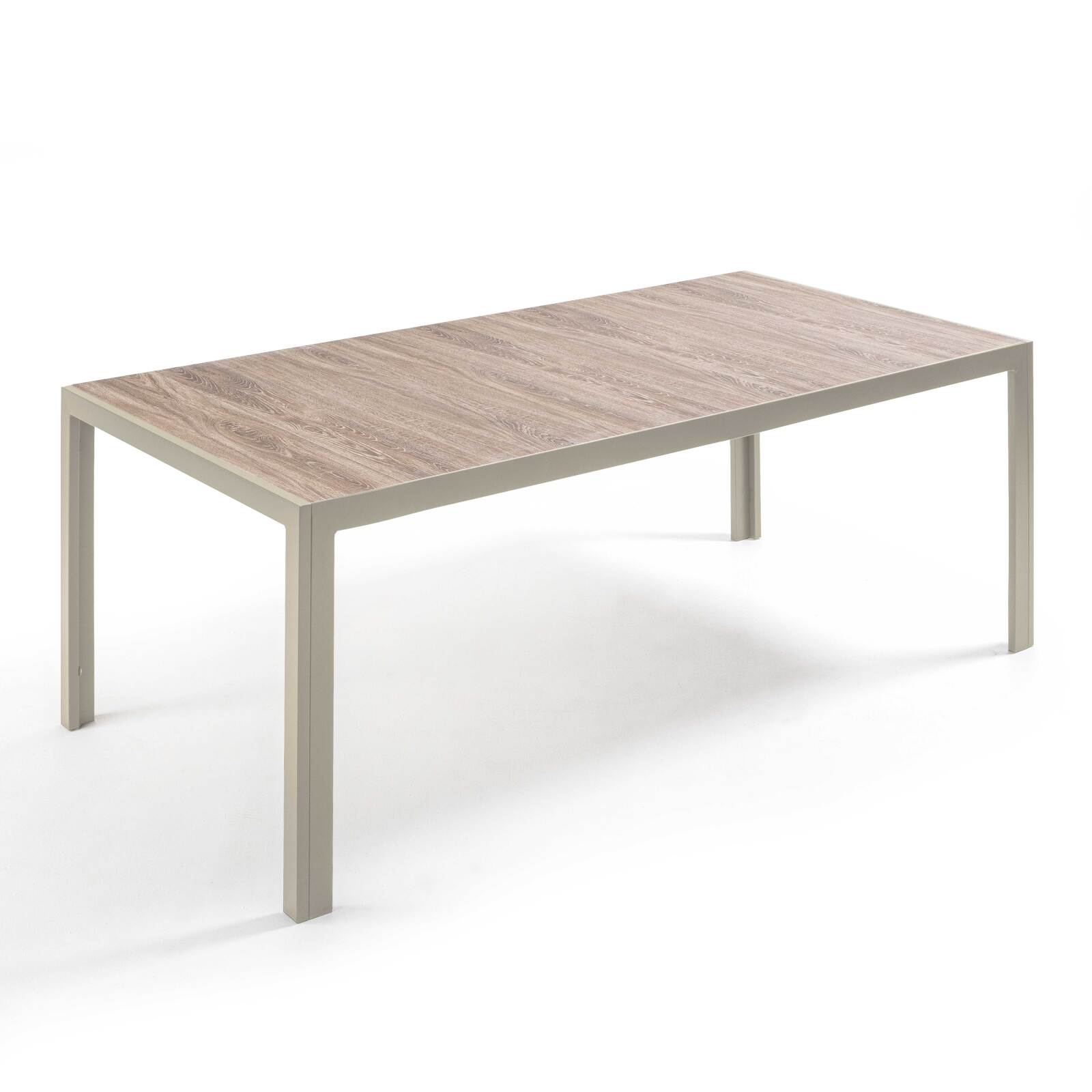 Gartentisch aus Aluminium und Keramik mit Holzoptik, 206x100 cm, und 10 Stühle aus Textilen