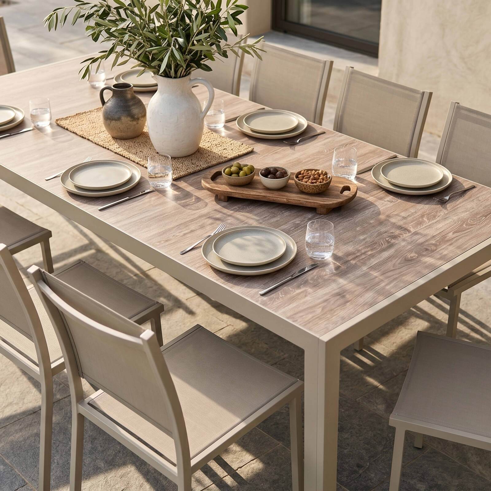 Gartentisch aus Aluminium und Keramik mit Holzoptik, 206x100 cm, und 10 Stühle aus Textilen