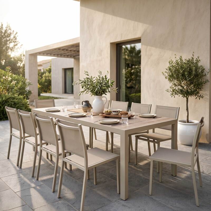 Gartentisch aus Aluminium und Keramik mit Holzoptik, 206x100 cm, und 10 Stühle aus Textilen