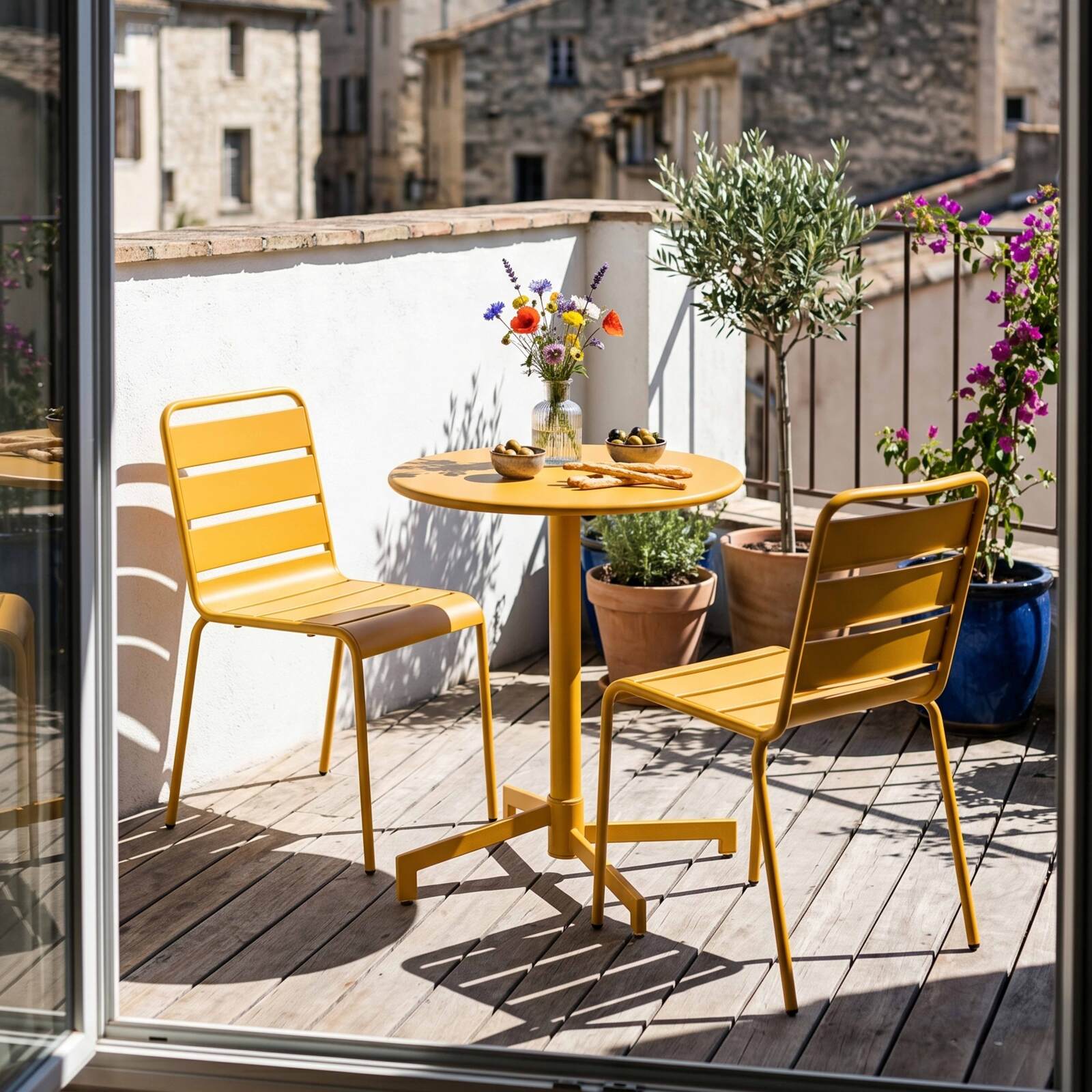 Gartentisch im Bistro-Stil, rund , neigbar, aus Metall mit Einbaufuß, Ø70 cm, und 2 Stühle