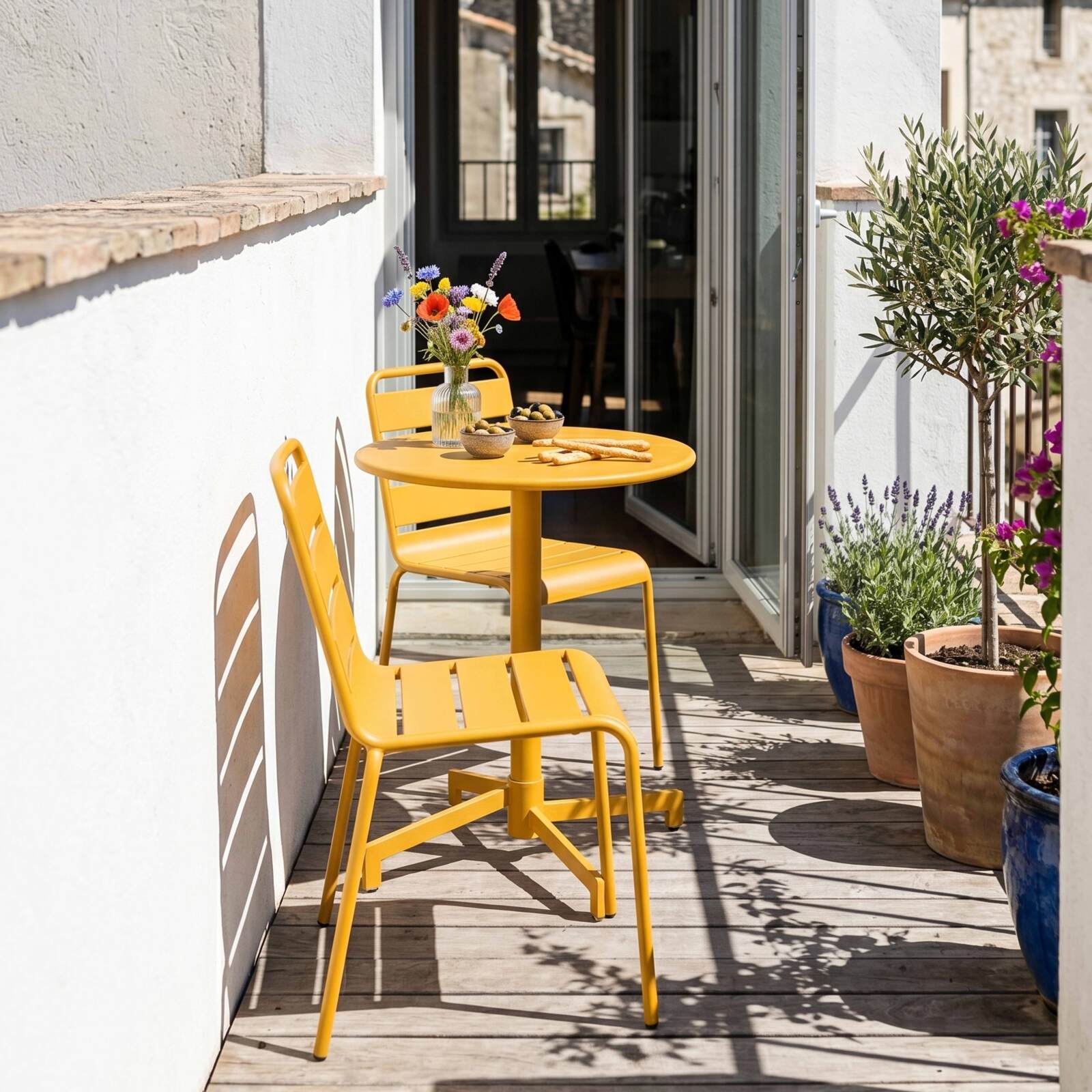 Gartentisch im Bistro-Stil, rund , neigbar, aus Metall mit Einbaufuß, Ø70 cm, und 2 Stühle