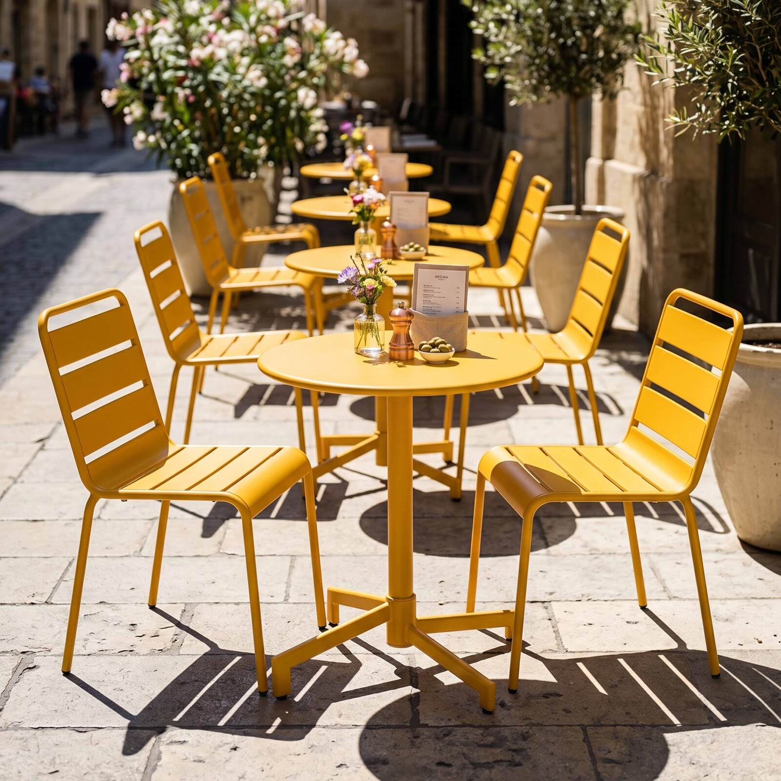 Gartentisch im Bistro-Stil, rund , neigbar, aus Metall mit Einbaufuß, Ø70 cm, und 2 Stühle