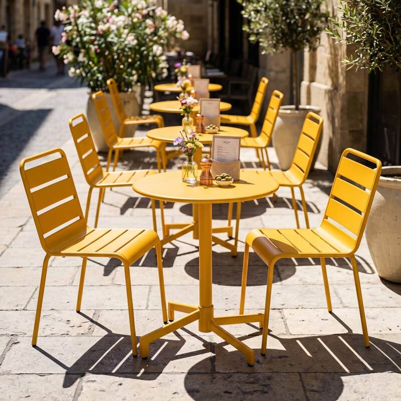 Gartentisch im Bistro-Stil, rund , neigbar, aus Metall mit Einbaufuß, Ø70 cm, und 2 Stühle (7/11)